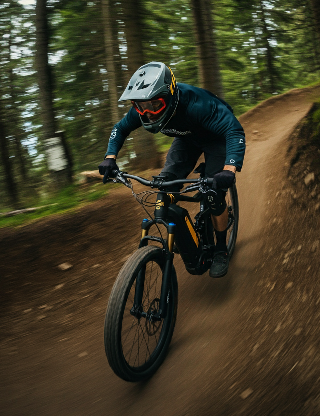 The image shows a person riding a mountain bike on a dirt trail in the woods. The person is wearing a blue jacket, black pants, and a white helmet with a red visor. The bike is black and yellow in color and is in motion, with the rider leaning forward as they navigate the trail. The trail is surrounded by trees and greenery, and the ground is covered in dirt and rocks. The image is taken from a low angle, looking down on the rider and the bike.