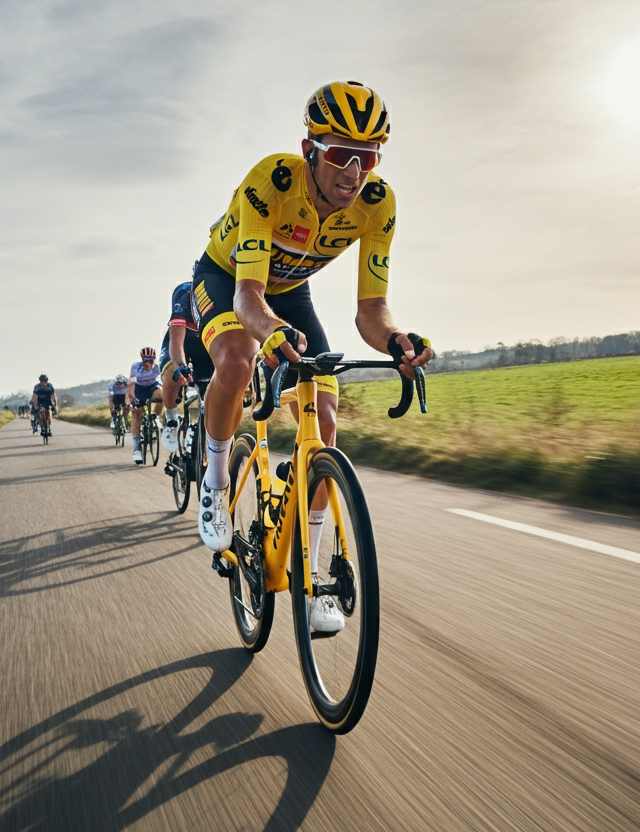 The image shows a group of cyclists riding on a road. The cyclist in the front is wearing a yellow jersey with the logo of the Tour de France on it and a yellow helmet. He is riding a yellow bicycle with black handlebars and black tires. Behind him, there are other cyclists wearing blue jerseys and helmets. The road is surrounded by green fields and there is a clear blue sky in the background. The cyclists appear to be in motion, with their shadows cast on the road.